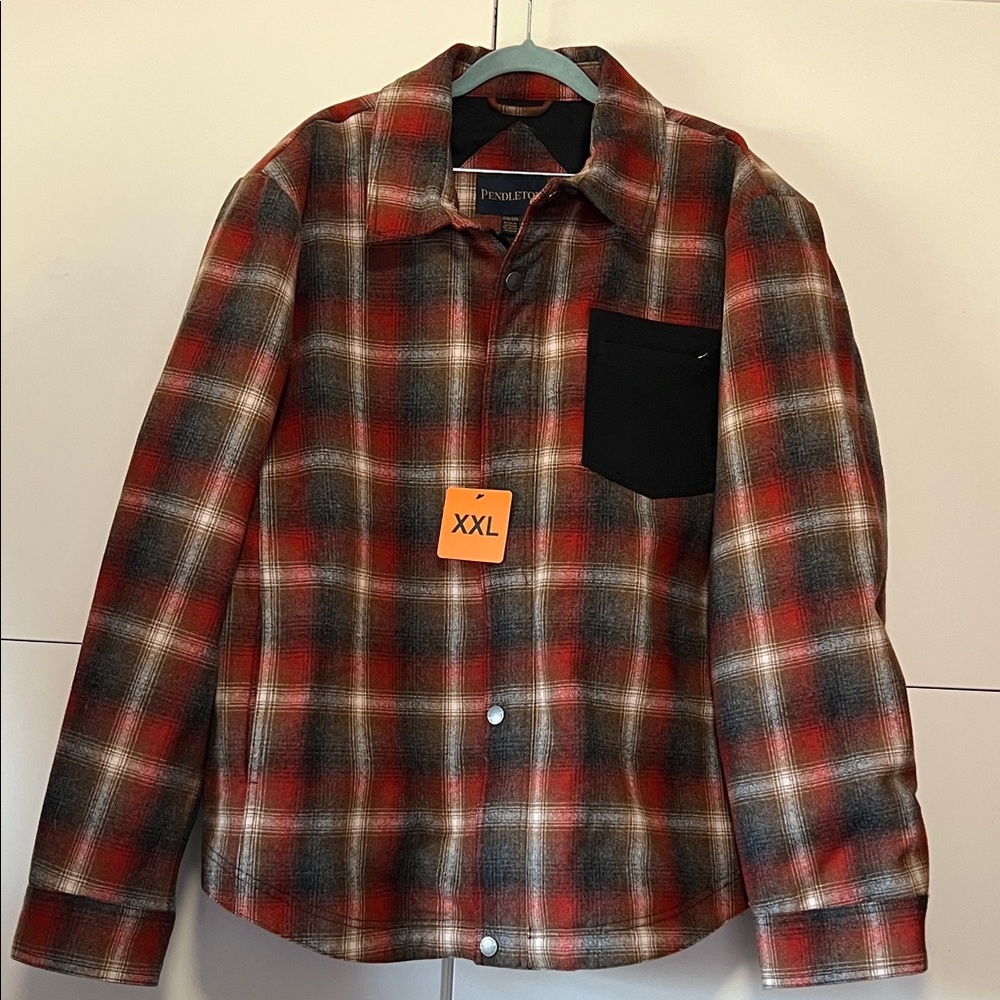Pendleton Men’s Wool Mix Red and Black Gray Plaid Shirt Jacket- insulated